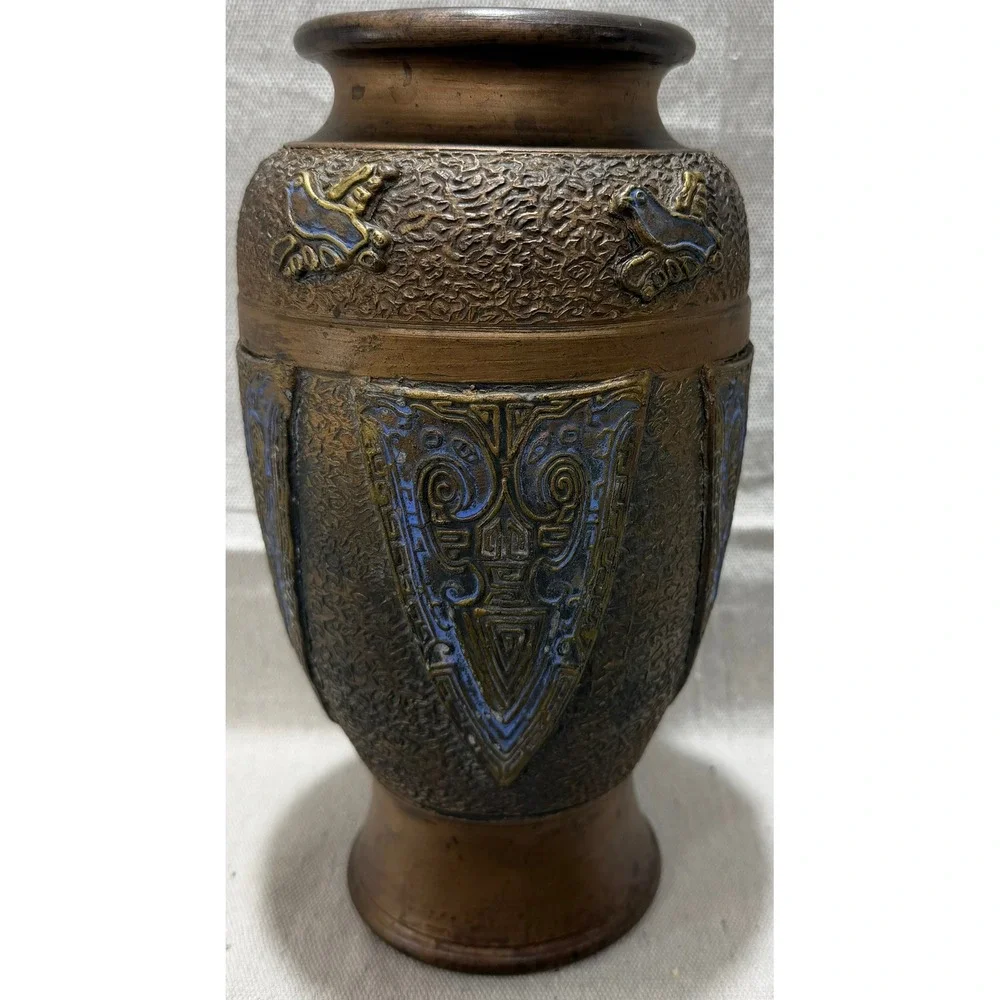 Vintage Japanese Bronze Relief Vase Archaic Taotie Bird Motif Blue Enamel 10.5in